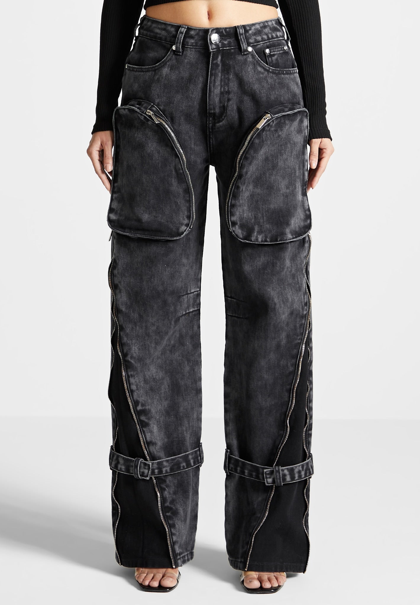 Zip Detail Denim Cargo Pants - Washed Black